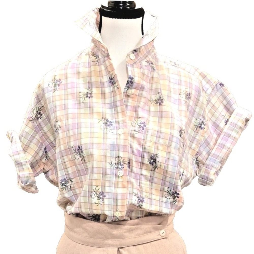 60s/70s VTG Cottagecore Grandmacore Plaid Floral Top‎ Company One Women's Small